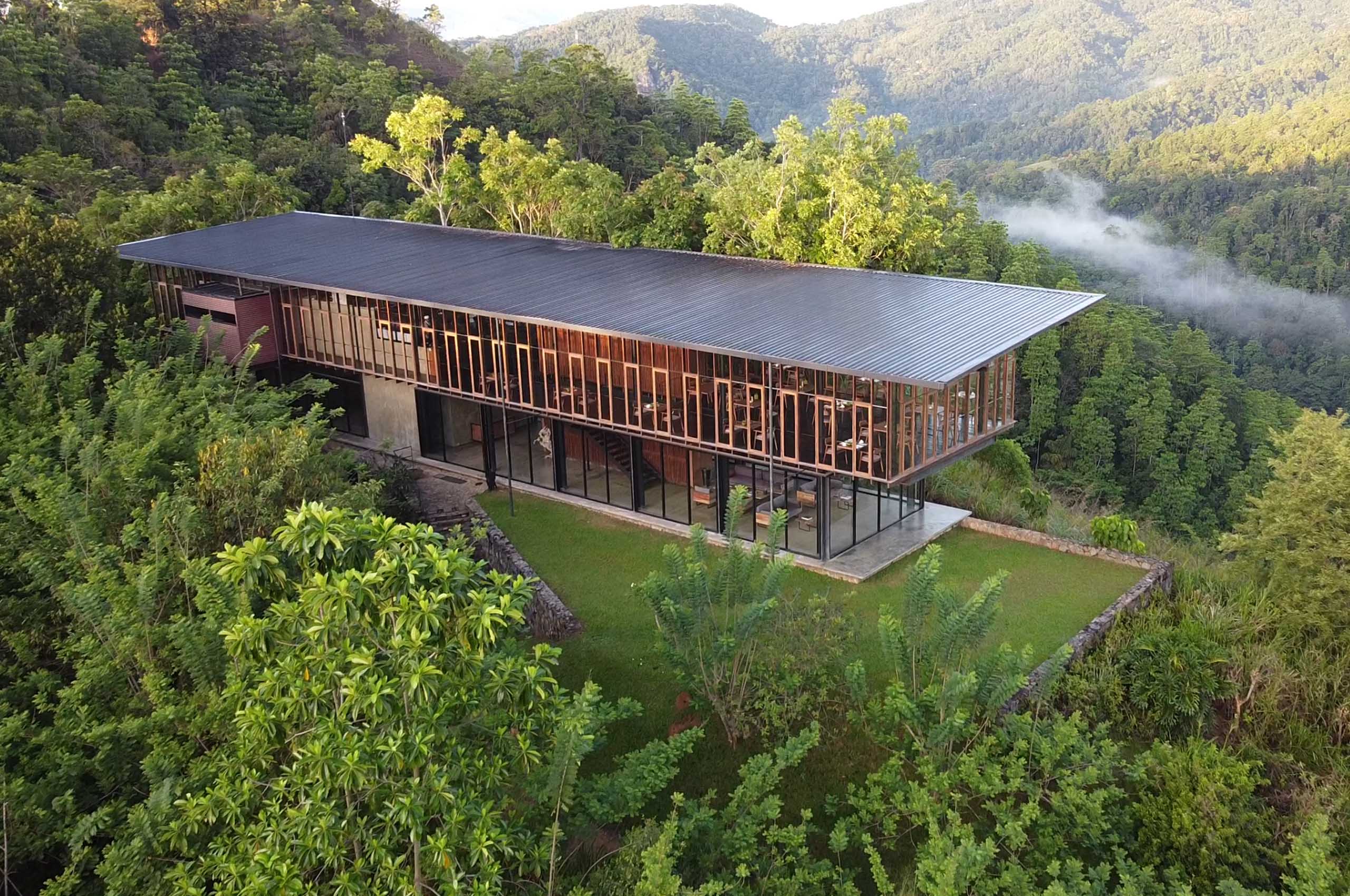 Aerial view of Santani Wellness Resort nestled in the mountains above Kandy